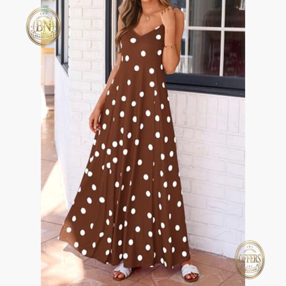 Polka Dot Maxi Dress with Adjustable Spaghetti Straps and Side Pockets - Picture 3 of 7